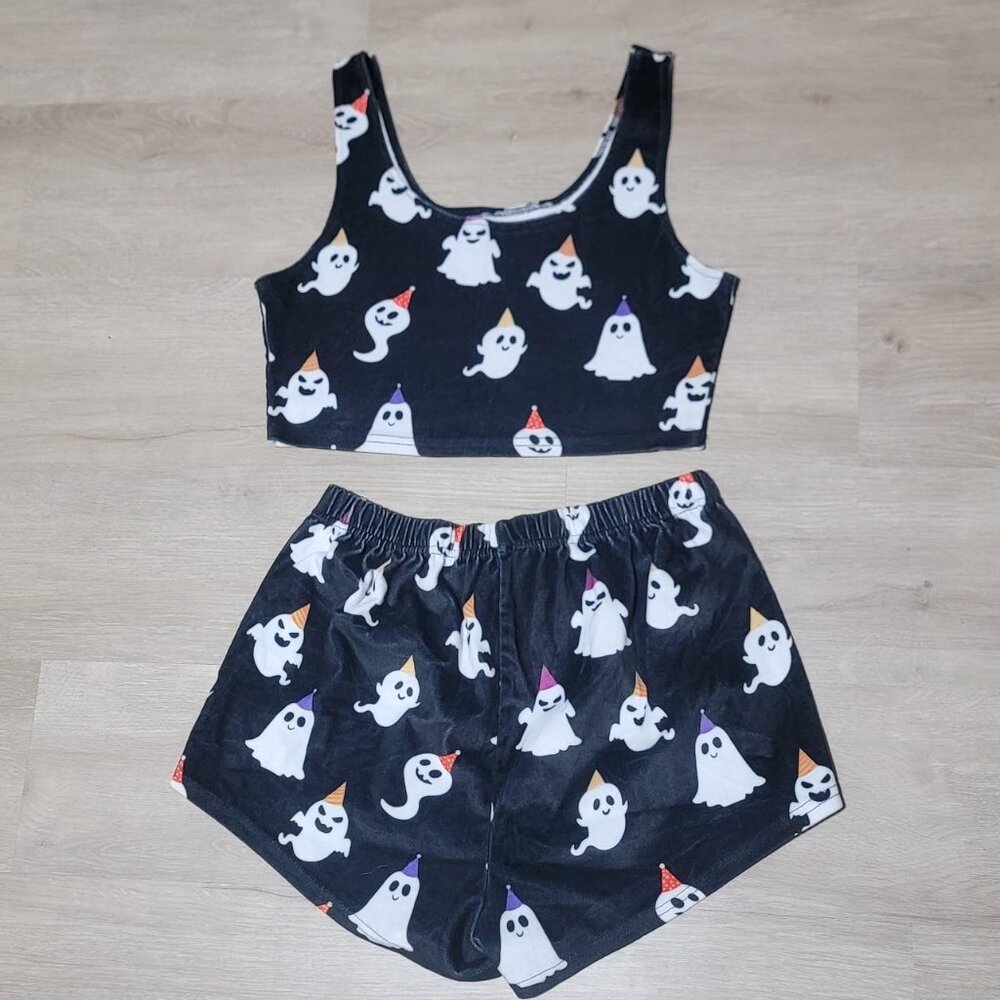 SHEIN Halloween Ghost Party 2 Piece Pajama Jounge Crop Top Shorts Set Large